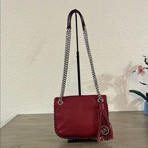 Michael Kors Red Leather Stitched Hem Silver Chain Tassel Purse